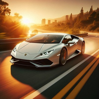 A white sports car drives on a highway at sunset