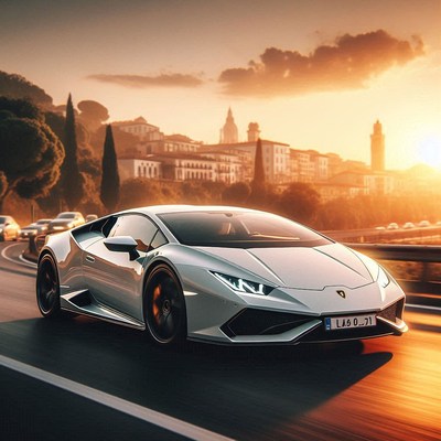 White lamborghini drives past city skyline