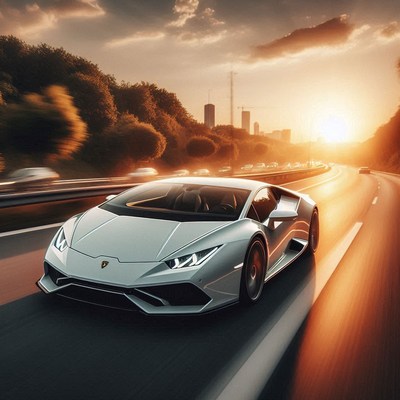 A white sports car drives on a highway at sunset