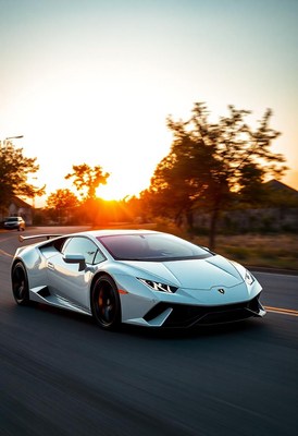 A white sports car drives down a road at sunset