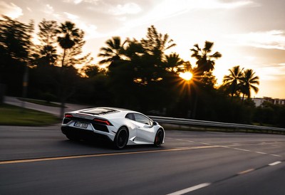 A white sports car drives down a road at sunset