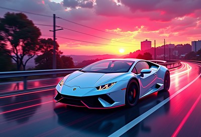 A blue sports car drives on a highway at sunset