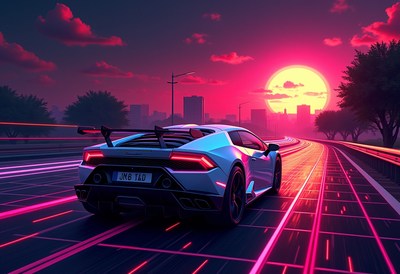 A white sports car drives on a city road at sunset
