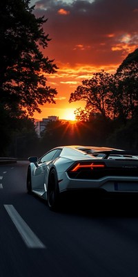A white sports car drives down a road at sunset