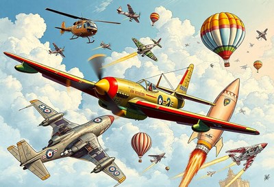 A red and yellow plane soars through a cloudy sky