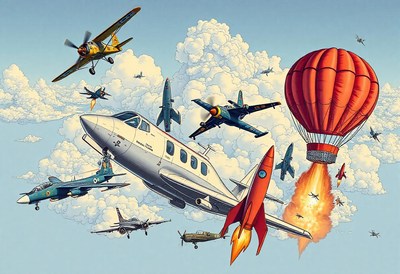 A hot air balloon flies through a sky full of aircraft