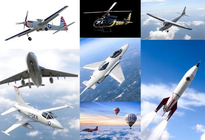 A collage of different aircraft flying in the sky