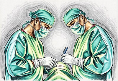 Two surgeons perform surgery in a hospital
