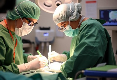 Two surgeons operate on a patient in an operating room