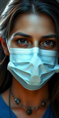 A woman wearing a mask looks at the camera