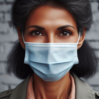 Woman in blue mask gazes at the camera