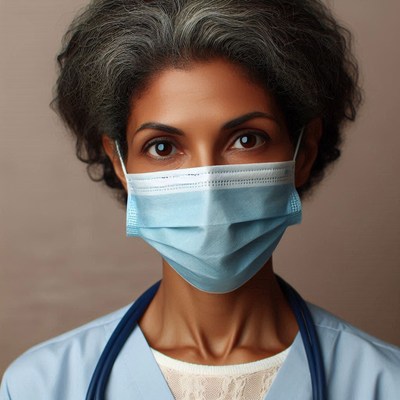 Woman in mask and stethoscope gazes at camera