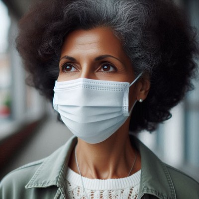 A woman wearing a face mask looks up