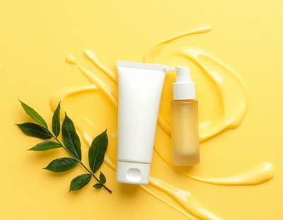 A white tube and a glass bottle on a yellow background
