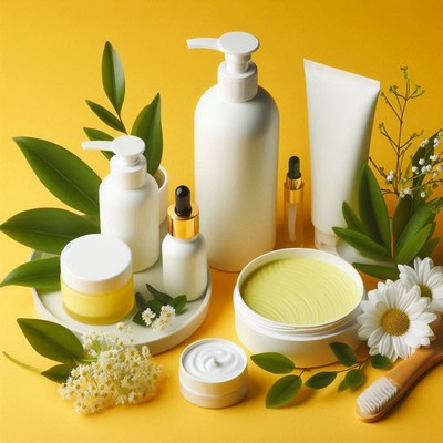 Skincare products on a yellow background