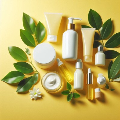 Skincare products arranged on a yellow background