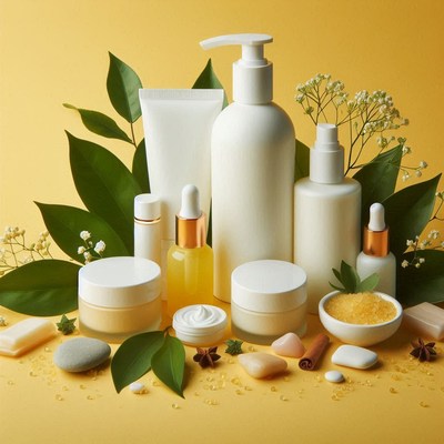 A collection of skincare products on a yellow background
