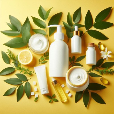 Natural skincare products arranged on a yellow background