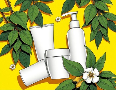 White bottles and jars among green leaves