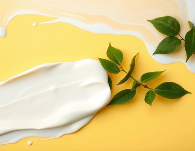 White cream on a yellow background with green leaves
