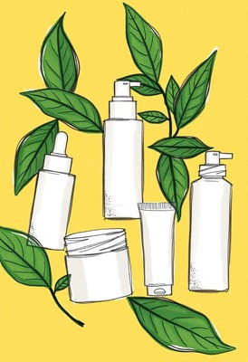 Skincare products on yellow with green leaves