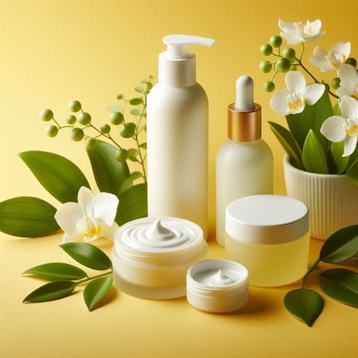 Skincare products on a yellow background