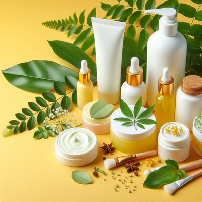 Natural skincare products on a yellow background