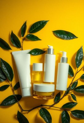 White bottles with green leaves on a yellow background