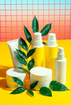 Yellow skincare bottles and jars on a yellow background