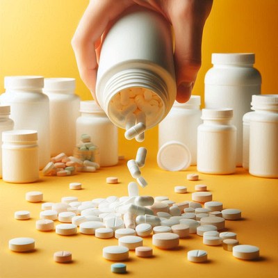A hand pours pills from a bottle onto a table