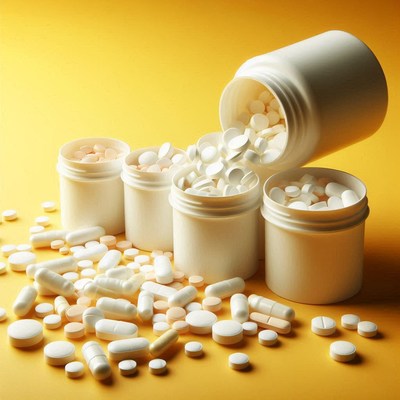 White pills spill out of a bottle onto a yellow surface