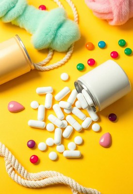 White pills spilled from a bottle on a yellow background