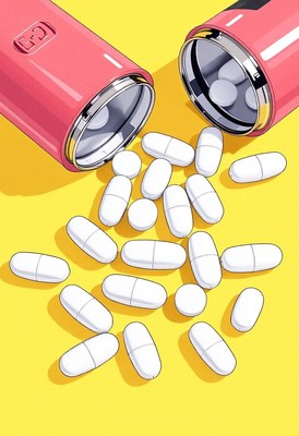 White pills spilled from a pink bottle on yellow