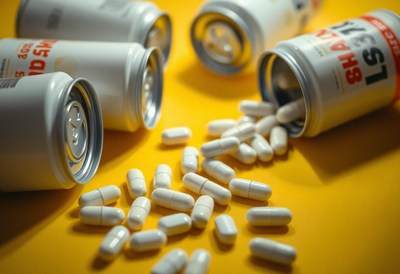 White pills spill out of an open can on a yellow surface