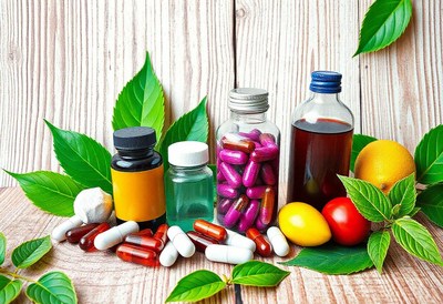 Various supplements on a wooden table with green leaves