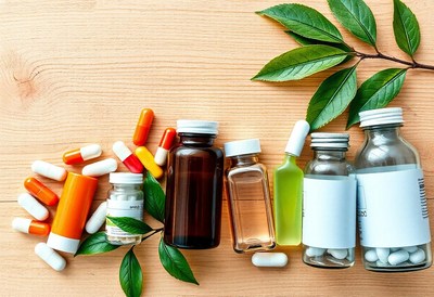 Herbal supplements and pills on a wooden table