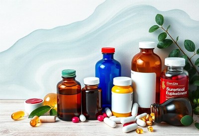 Bottles of supplements scattered on wood