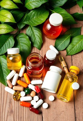 Herbal supplements on a wooden table with green leaves