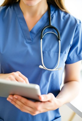 A nurse uses a tablet while working