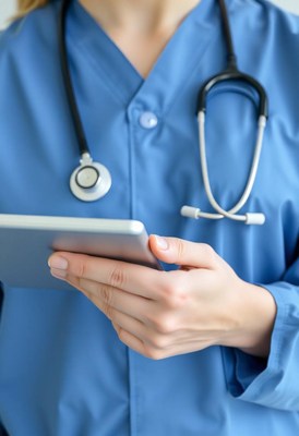 A doctor uses a tablet while on the job