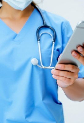 A doctor in a blue scrubs uses a tablet