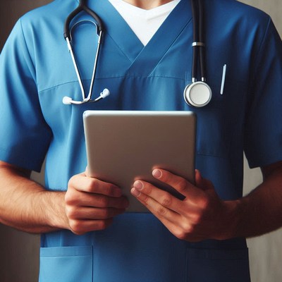 A doctor uses a tablet in a hospital