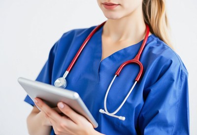 A nurse uses a tablet while wearing a stethoscope