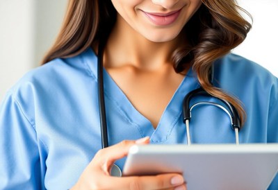 A nurse uses a tablet device while on the job
