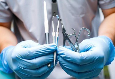 A dentist holds dental tools in gloved hands