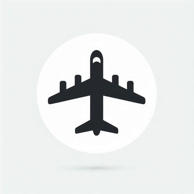 A simple black airplane icon on a white circle