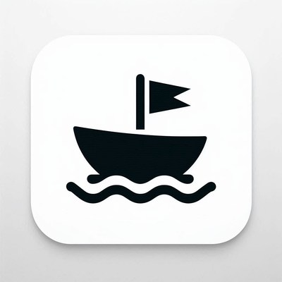 A black and white icon of a boat on water
