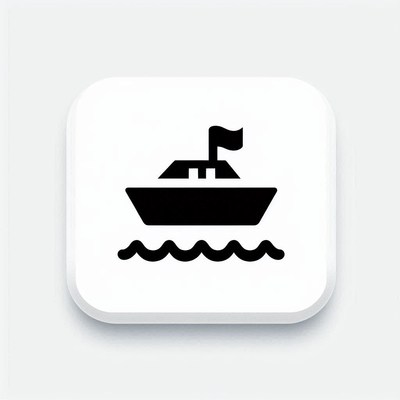 A black boat icon with a flag on a white background