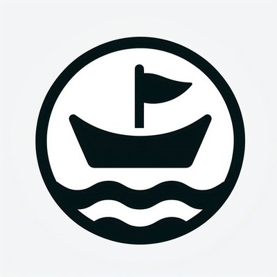 Black and white boat icon with a flag on waves