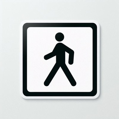 A pedestrian crossing sign is on a white wall